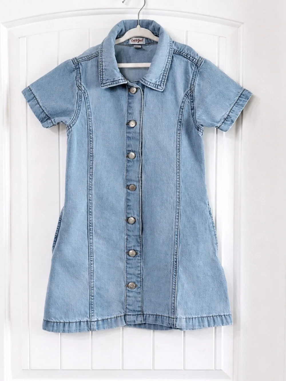 Cat & Jack Girls Denim Button Front Dress Size M 8 Light Wash Short Sleeve